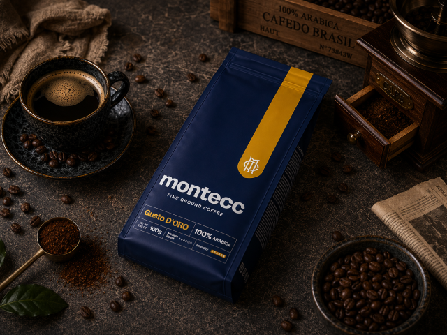 Montecc Gusto D'Oro fine ground on a rustic table