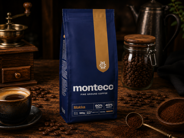 Montecc Mokka fine ground on a rustic table